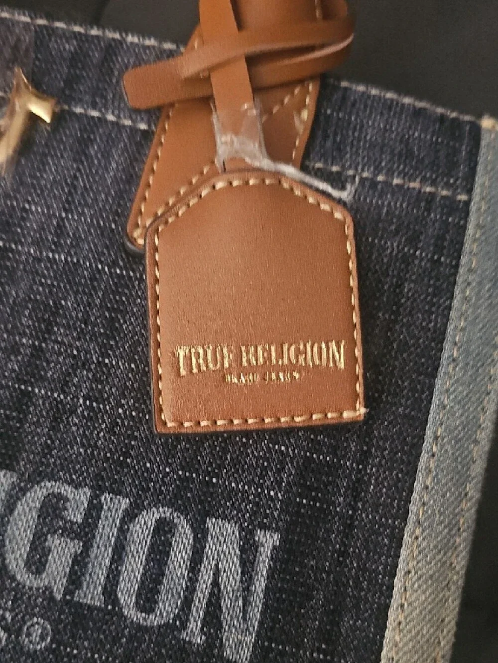 NEW-True Religion Denim Tote with Brown Leather Trim - Picture 2 of 5